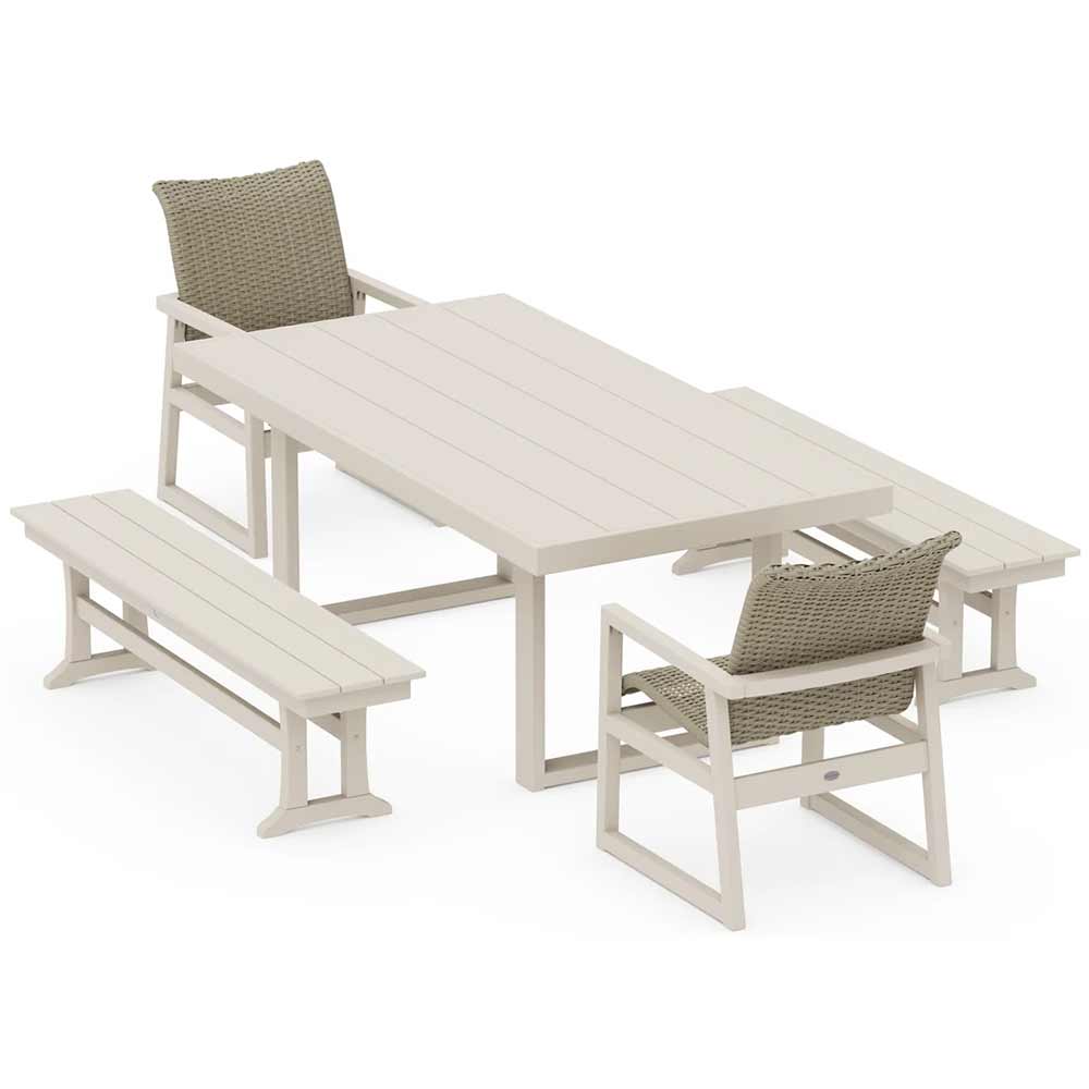 POLYWOOD® EDGE Woven 5-Piece Dining Set with Benches - PWS2883-1