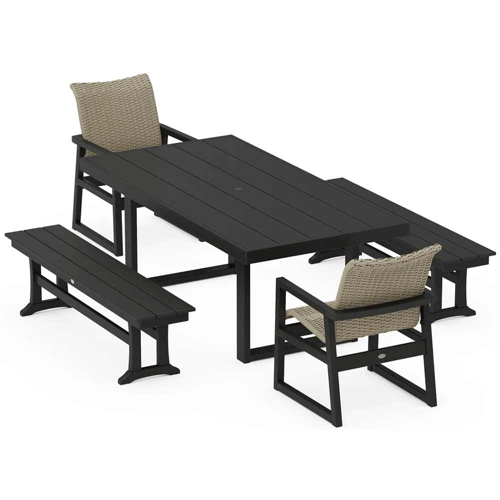 POLYWOOD® EDGE Woven 5-Piece Dining Set with Benches - PWS2883-1