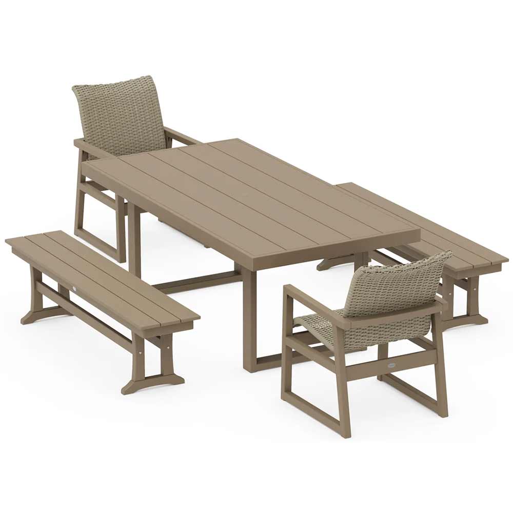 POLYWOOD® EDGE Woven 5-Piece Dining Set with Benches - PWS2883-1