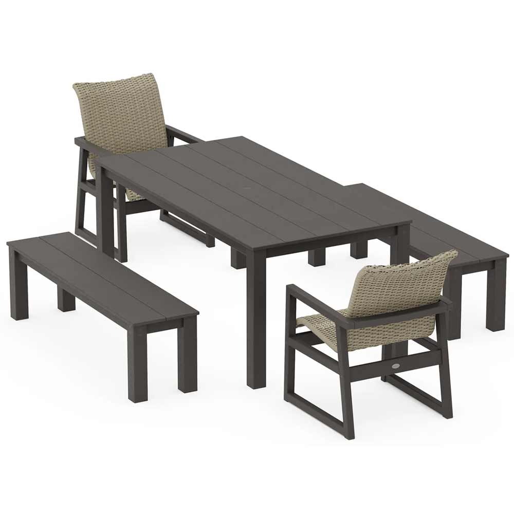 POLYWOOD® EDGE Woven 5-Piece Parsons Dining Set with Benches - PWS2891-1
