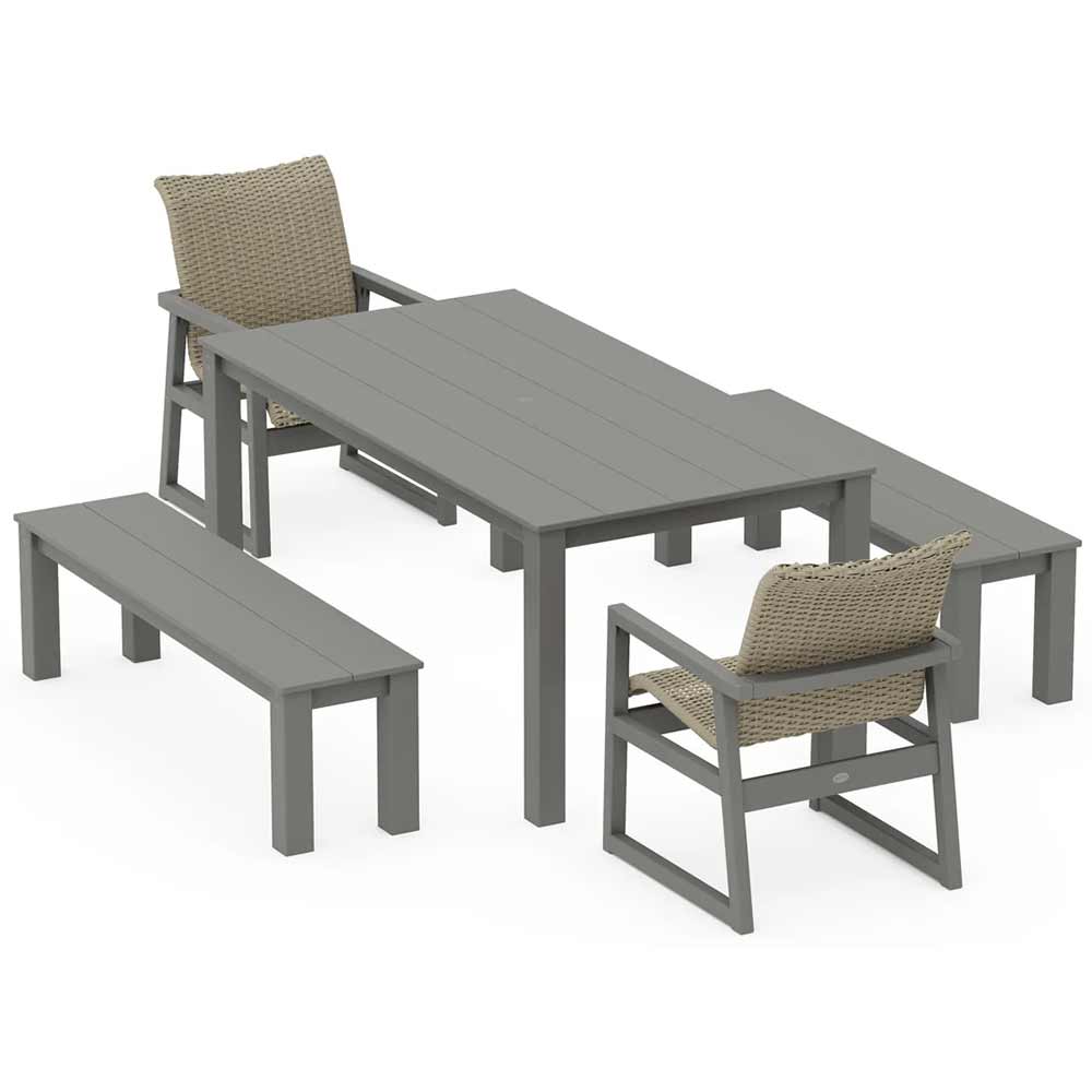 POLYWOOD® EDGE Woven 5-Piece Parsons Dining Set with Benches - PWS2891-1