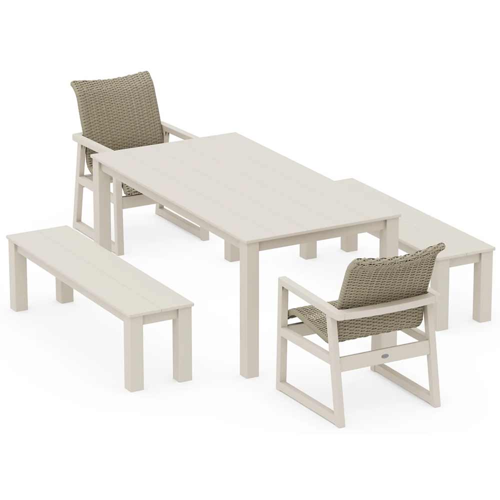 POLYWOOD® EDGE Woven 5-Piece Parsons Dining Set with Benches - PWS2891-1