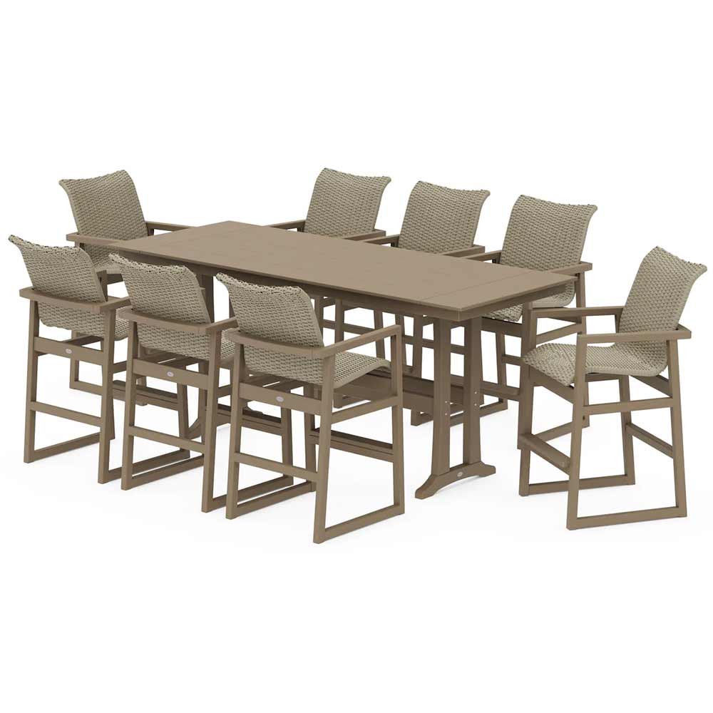 POLYWOOD® EDGE Woven 9-Piece Farmhouse Bar Set with Trestle Legs - PWS2893-1