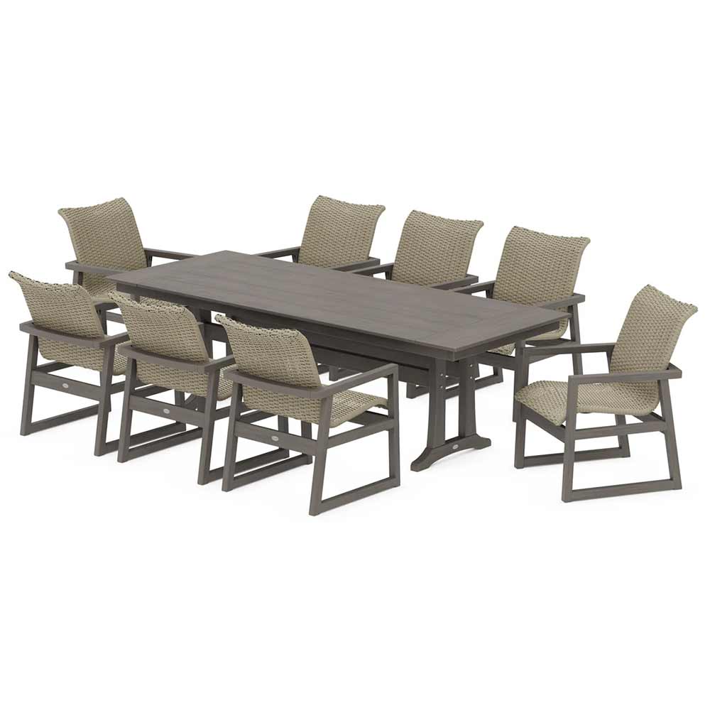 POLYWOOD® EDGE Woven 9-Piece Farmhouse Dining Set with Trestle Legs - PWS2876-1