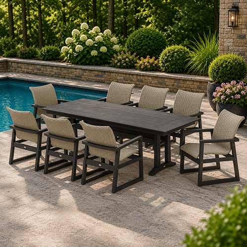 POLYWOOD® EDGE Woven 9-Piece Farmhouse Dining Set with Trestle Legs - PWS2876-1