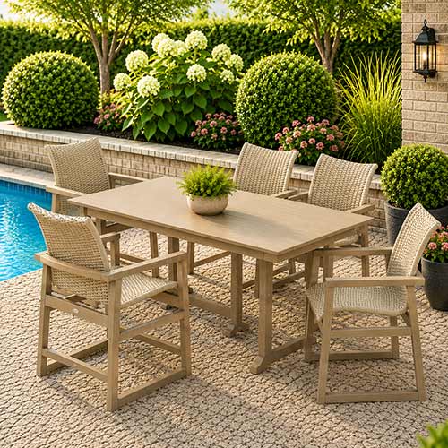 POLYWOOD® EDGE Woven Arm Chair 7-Piece Farmhouse Counter Set with Trestle Legs - PWS2905-1