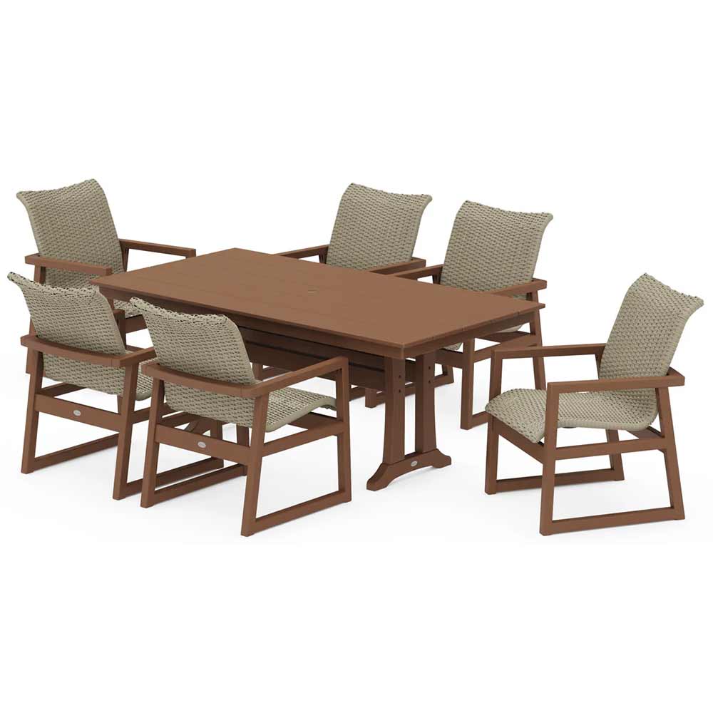 POLYWOOD® EDGE Woven Arm Chair 7-Piece Farmhouse Dining Set with Trestle Legs - PWS2879-1