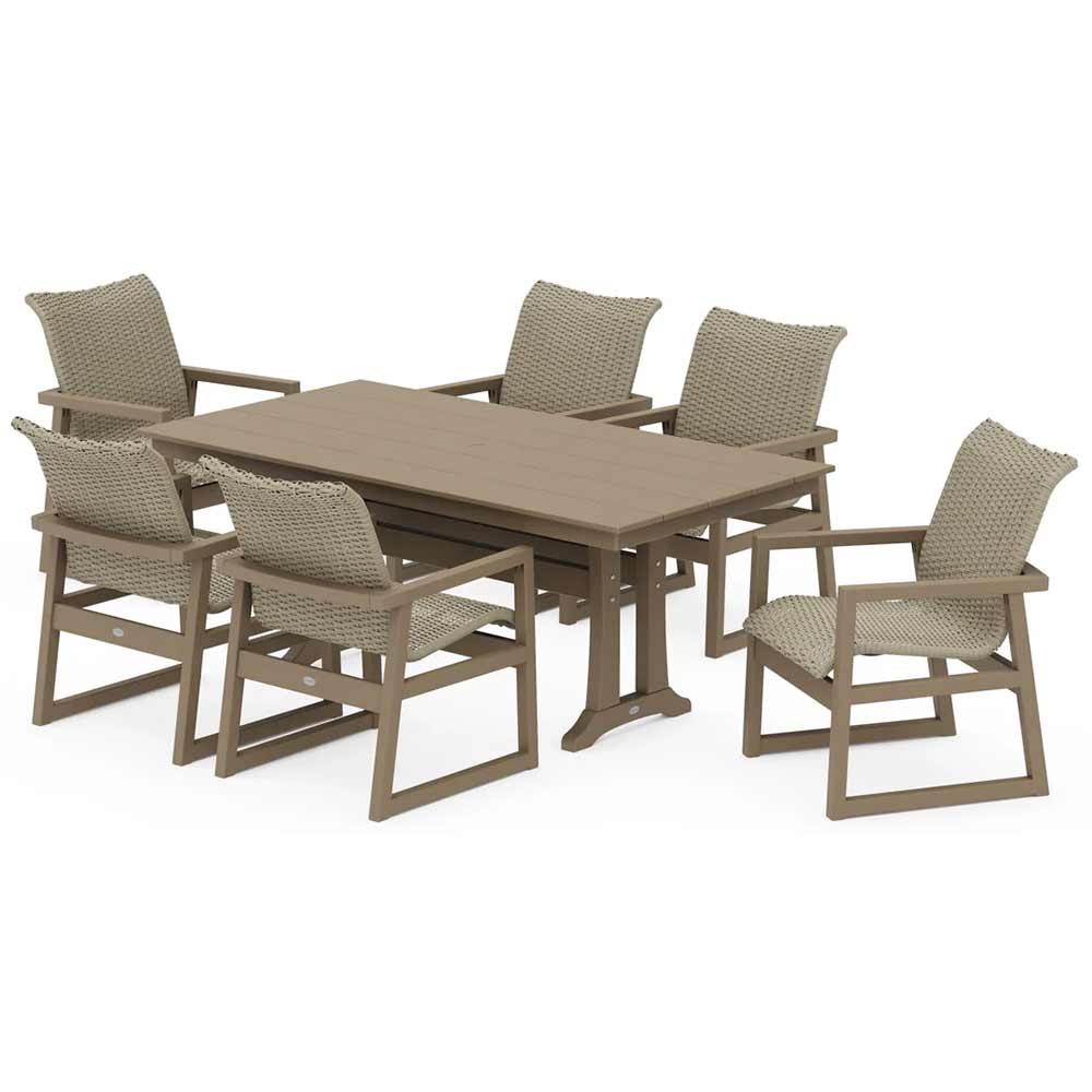 POLYWOOD® EDGE Woven Arm Chair 7-Piece Farmhouse Dining Set with Trestle Legs - PWS2879-1