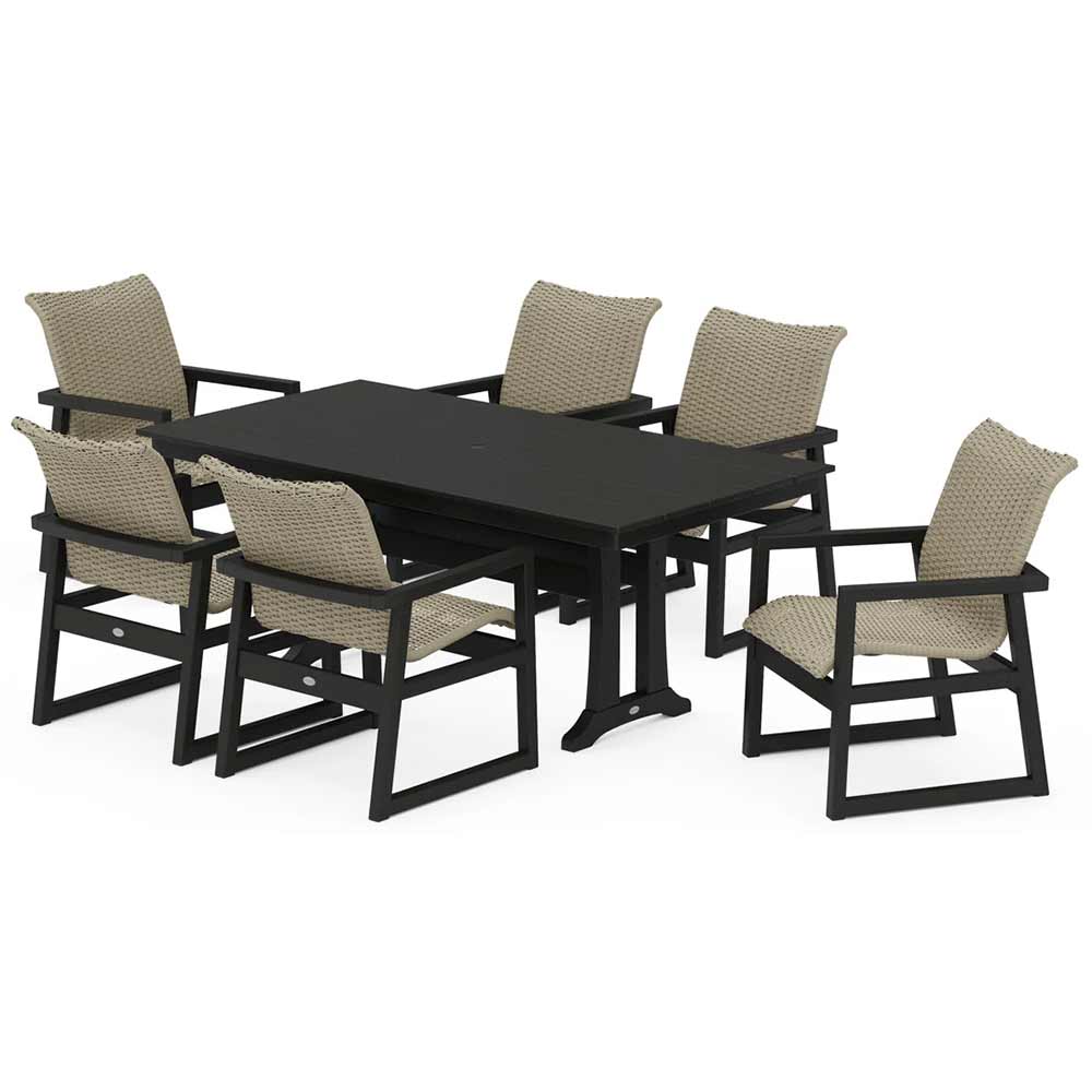 POLYWOOD® EDGE Woven Arm Chair 7-Piece Farmhouse Dining Set with Trestle Legs - PWS2879-1