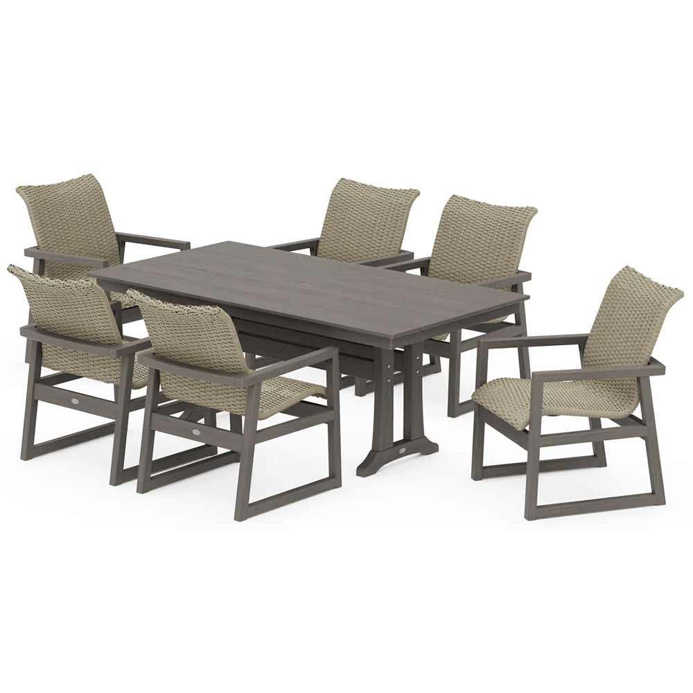 POLYWOOD® EDGE Woven Arm Chair 7-Piece Farmhouse Dining Set with Trestle Legs - PWS2879-1