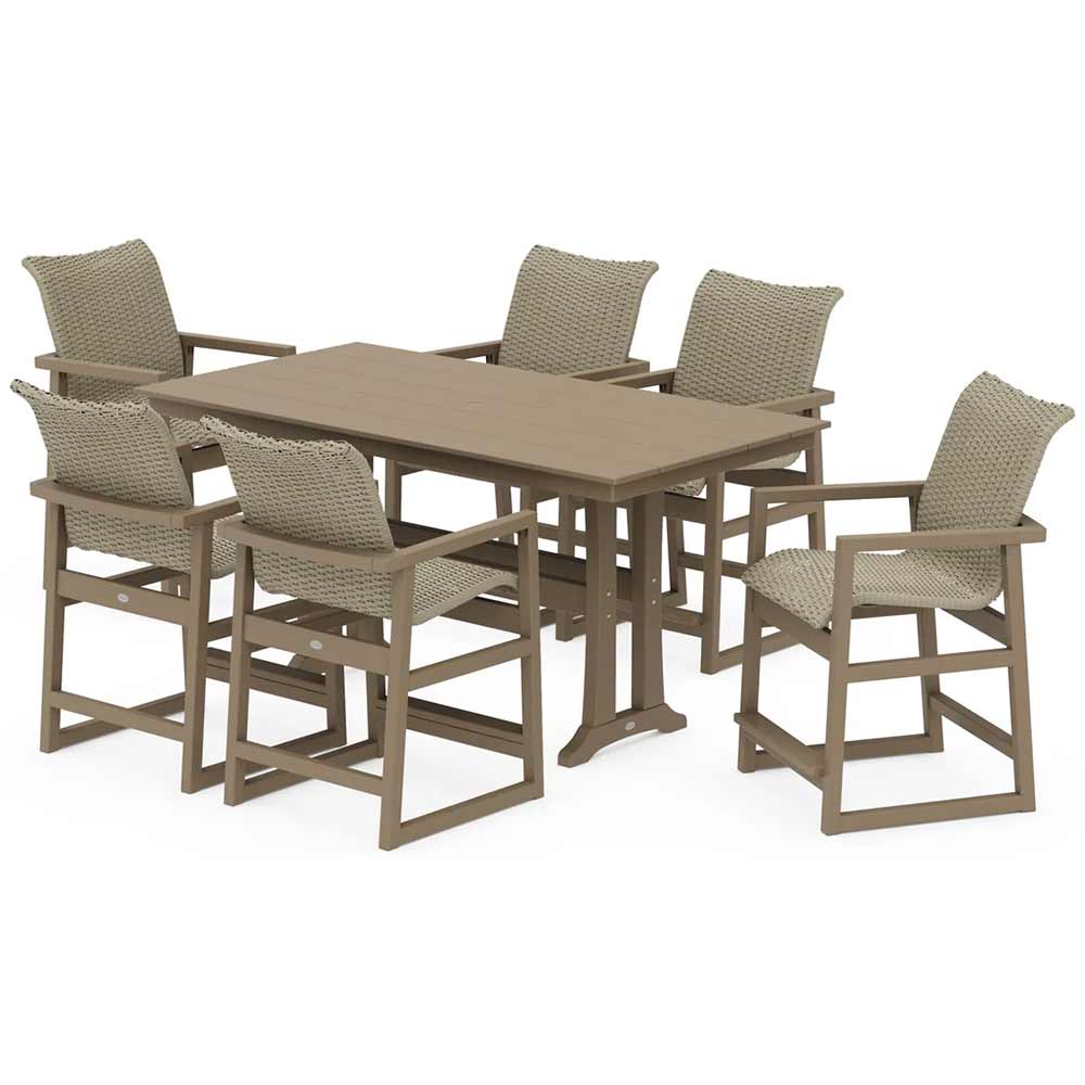 POLYWOOD® EDGE Woven Arm Chair 7-Piece Farmhouse Counter Set with Trestle Legs - PWS2905-1