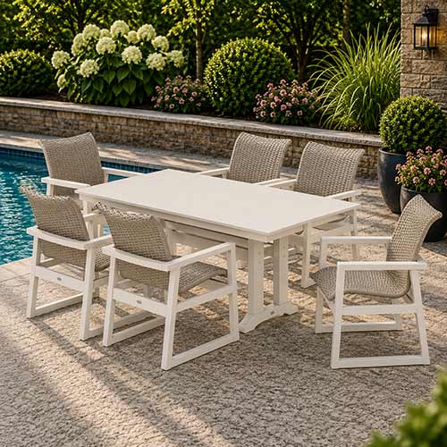 POLYWOOD® EDGE Woven Arm Chair 7-Piece Farmhouse Dining Set with Trestle Legs - PWS2879-1