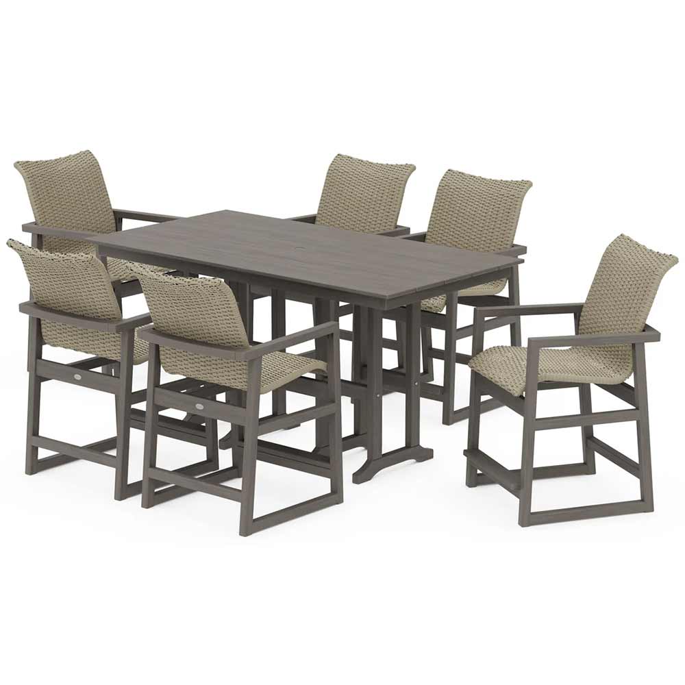 POLYWOOD® EDGE Woven Arm Chair 7-Piece Farmhouse Counter Set - PWS3340-1