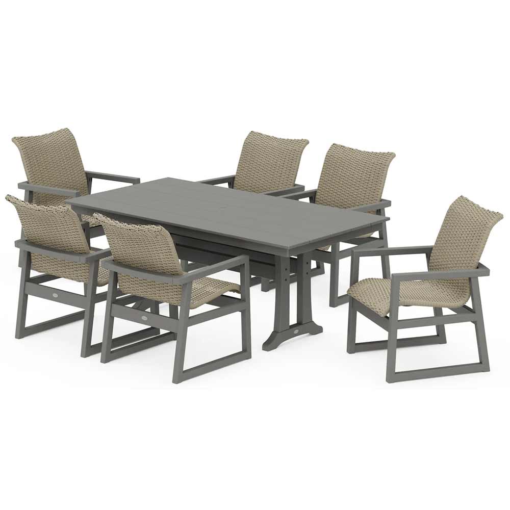 POLYWOOD® EDGE Woven Arm Chair 7-Piece Farmhouse Dining Set with Trestle Legs - PWS2879-1