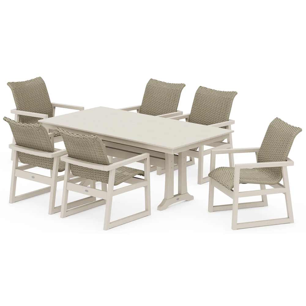POLYWOOD® EDGE Woven Arm Chair 7-Piece Farmhouse Dining Set with Trestle Legs - PWS2879-1