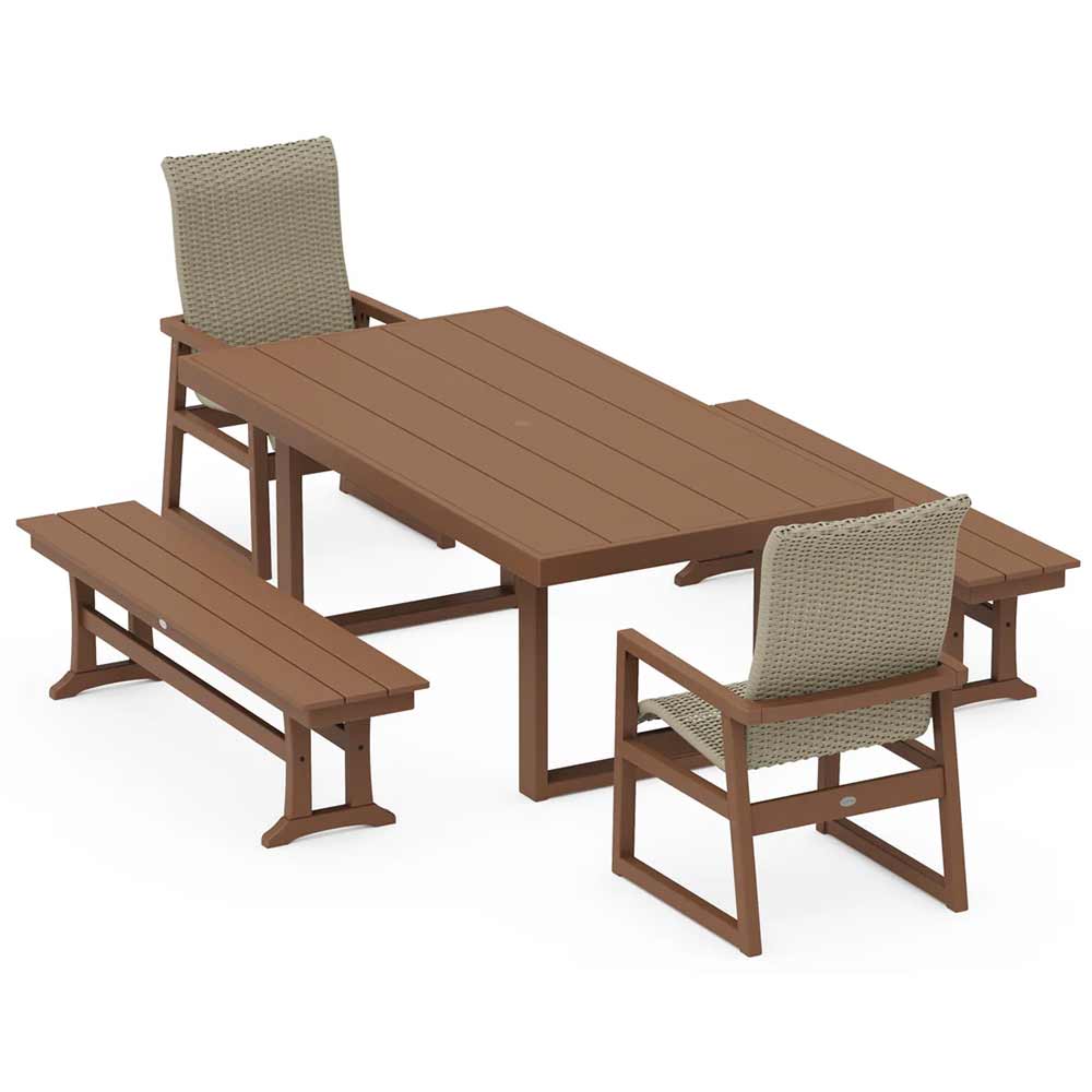 POLYWOOD® EDGE Woven Highback 5-Piece Dining Set with Benches - PWS2886-1