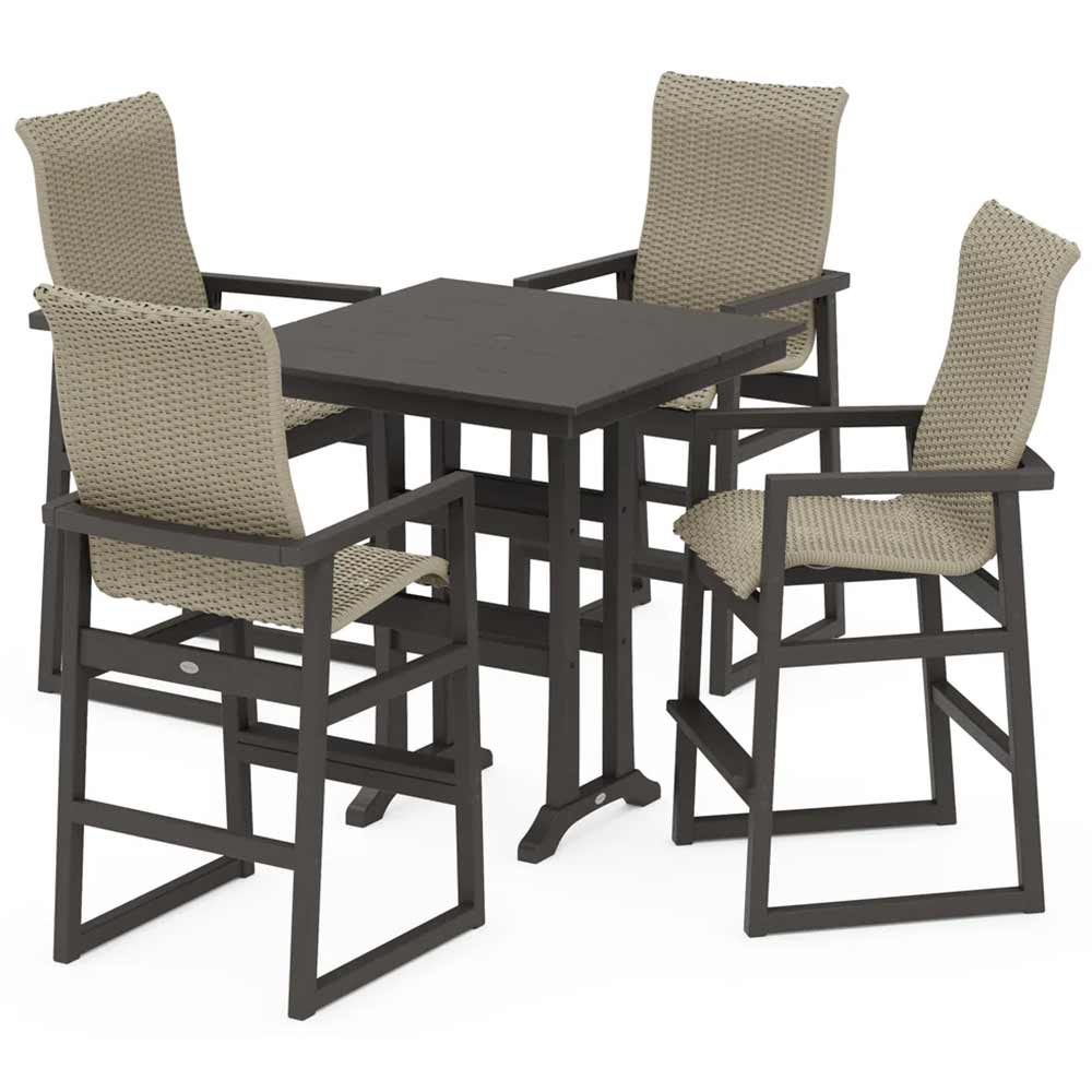 POLYWOOD® EDGE Woven Highback 5-Piece Farmhouse Bar Set with Trestle Legs - PWS2917-1