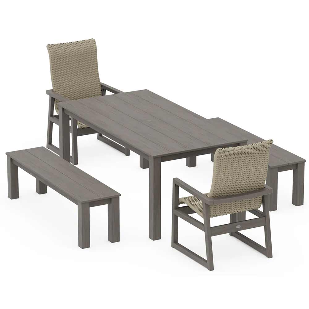 POLYWOOD® EDGE Woven Highback 5-Piece Parsons Dining Set with Benches - PWS2907-1
