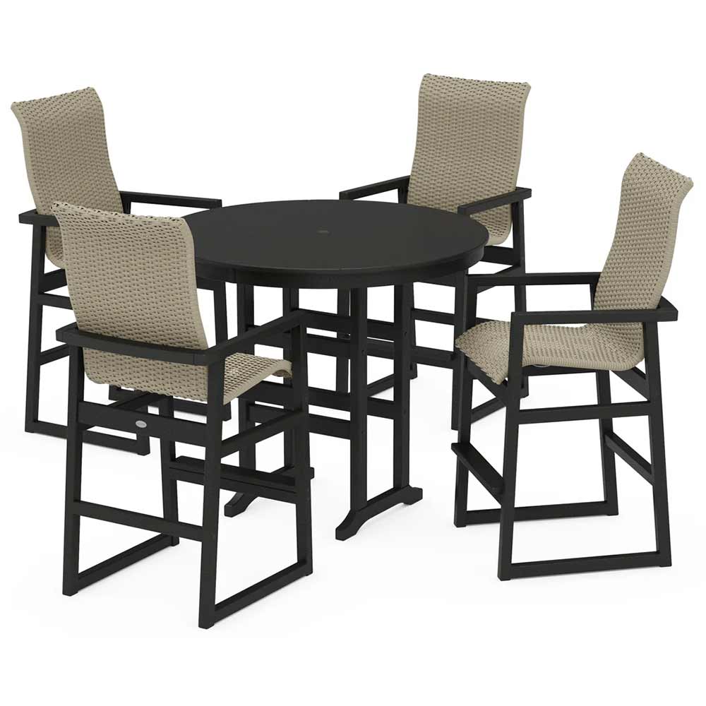 POLYWOOD® EDGE Woven Highback 5-Piece Round Farmhouse Bar Set - PWS3488-1
