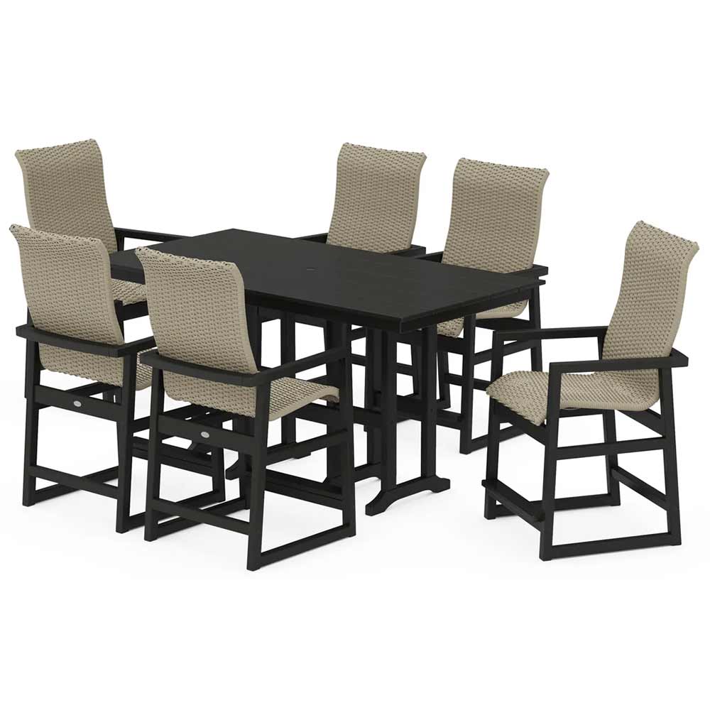 POLYWOOD® EDGE Woven Highback Arm Chair 7-Piece Farmhouse Counter Set - PWS3487-1