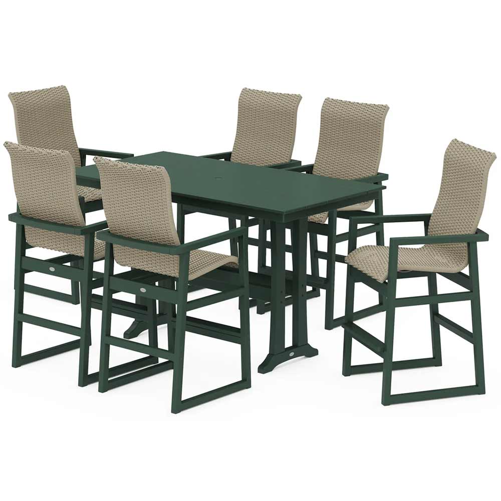 POLYWOOD® EDGE Woven Highback Arm Chair 7-Piece Farmhouse Bar Set with Trestle Legs - PWS2916-1