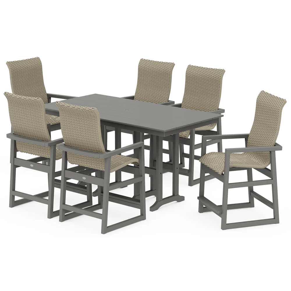POLYWOOD® EDGE Woven Highback Arm Chair 7-Piece Farmhouse Counter Set - PWS3487-1