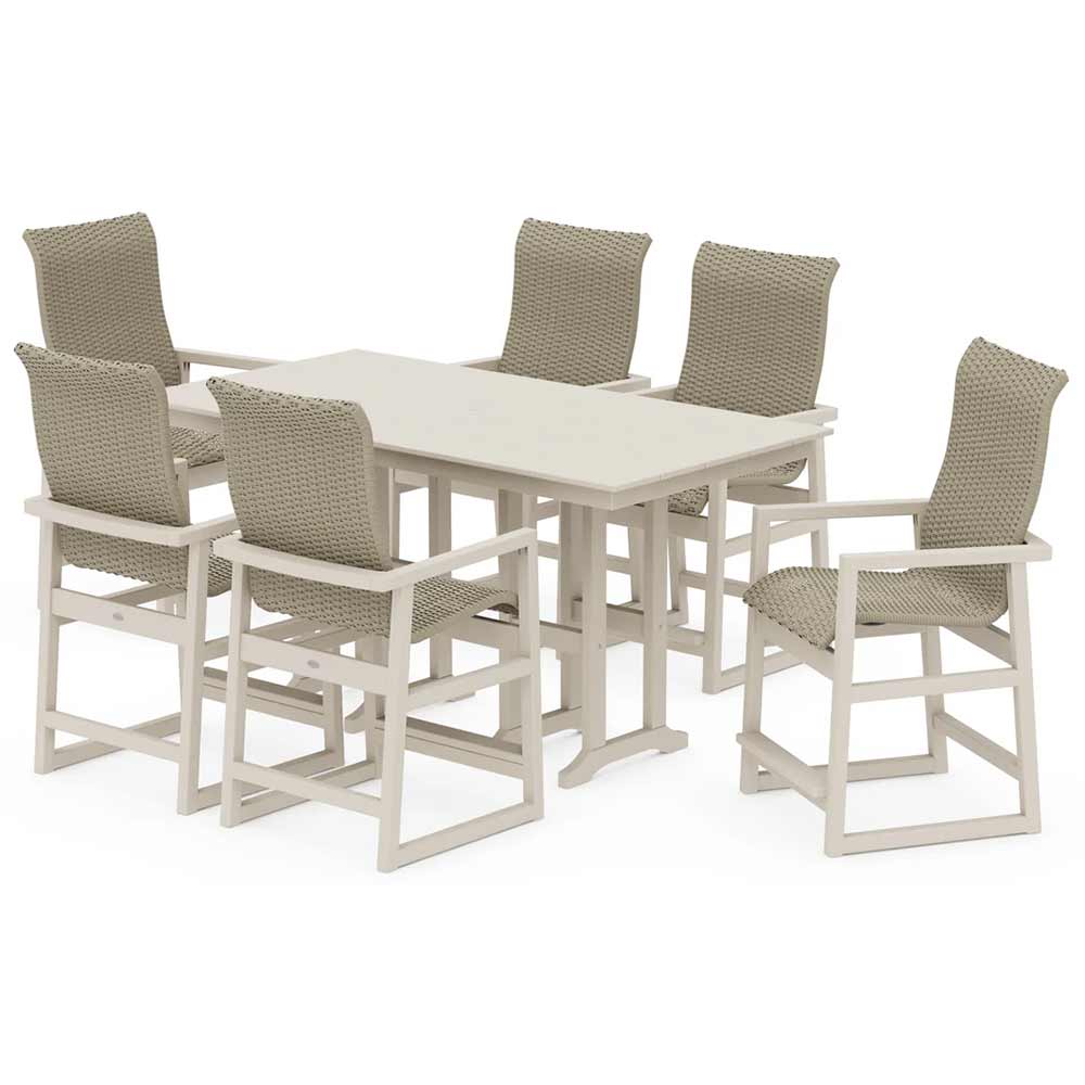 POLYWOOD® EDGE Woven Highback Arm Chair 7-Piece Farmhouse Counter Set - PWS3487-1