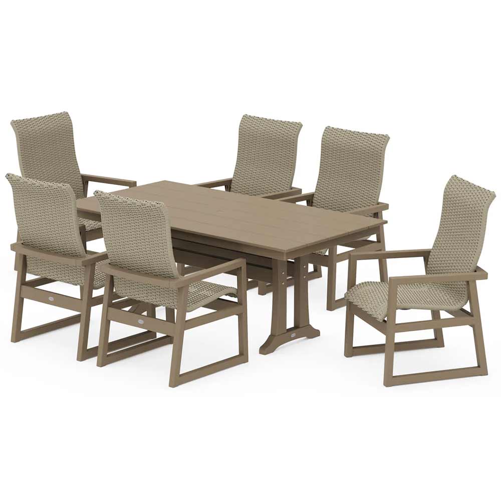 POLYWOOD® EDGE Woven Highback Arm Chair 7-Piece Farmhouse Dining Set with Trestle Legs - PWS2882-1