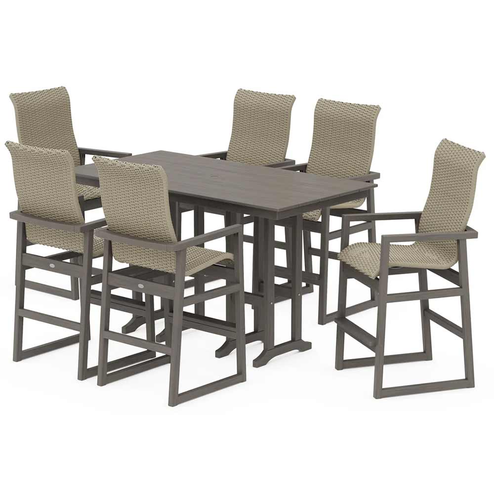 POLYWOOD® EDGE Woven Highback Arm Chair 7-Piece Farmhouse Bar Set - PWS3489-1