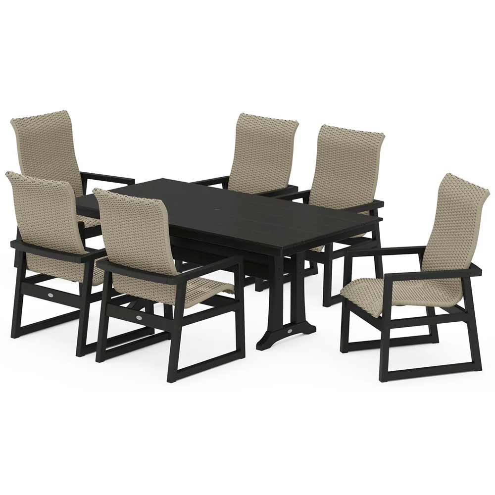 POLYWOOD® EDGE Woven Highback Arm Chair 7-Piece Farmhouse Dining Set with Trestle Legs - PWS2882-1