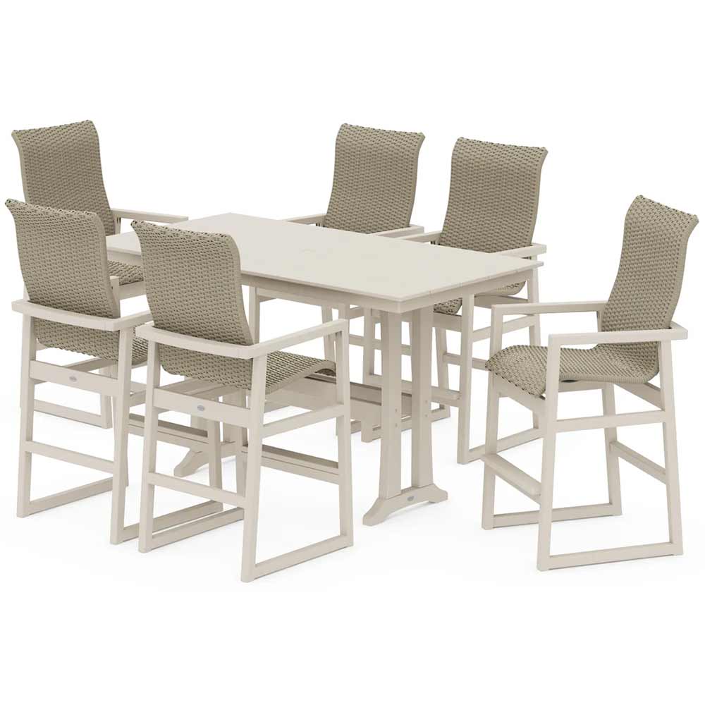 POLYWOOD® EDGE Woven Highback Arm Chair 7-Piece Farmhouse Bar Set with Trestle Legs - PWS2916-1