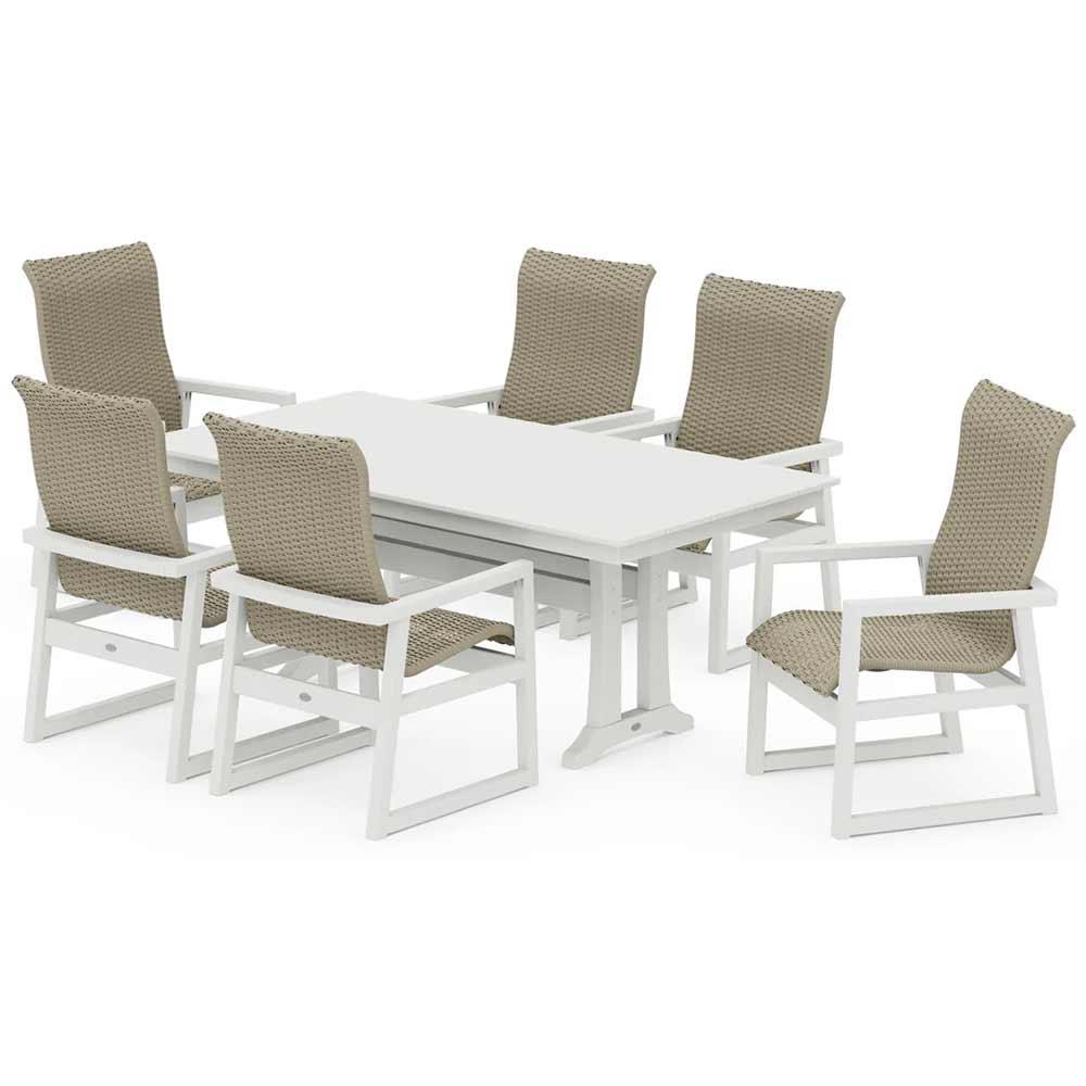 POLYWOOD® EDGE Woven Highback Arm Chair 7-Piece Farmhouse Dining Set with Trestle Legs - PWS2882-1