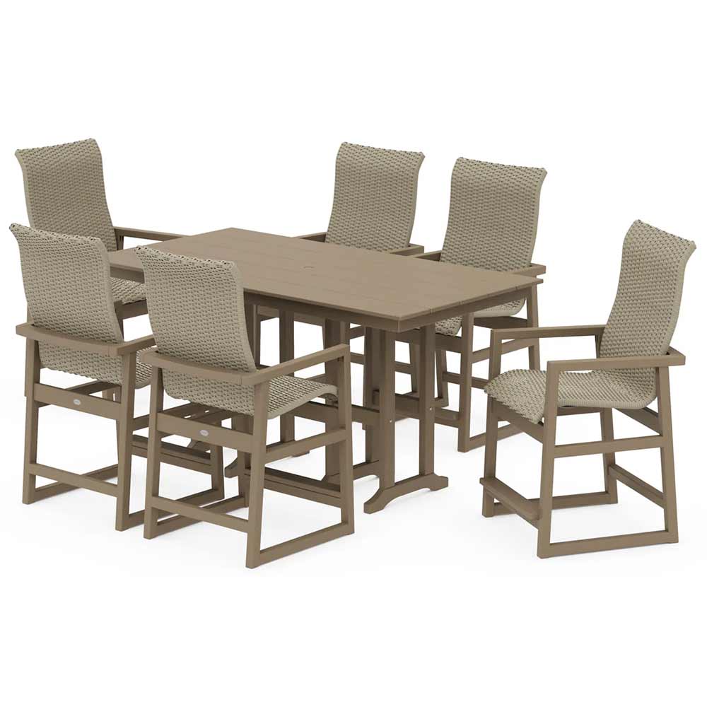 POLYWOOD® EDGE Woven Highback Arm Chair 7-Piece Farmhouse Counter Set - PWS3487-1