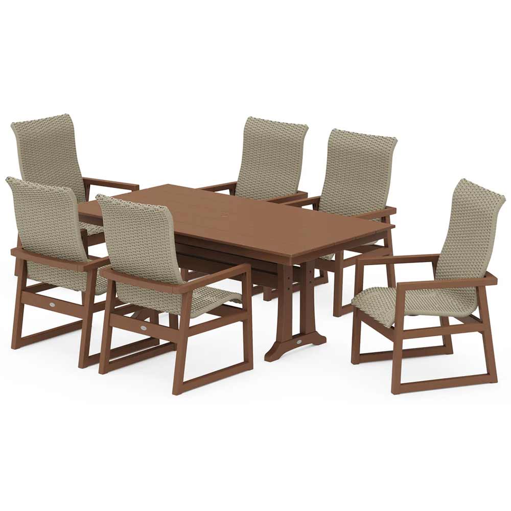POLYWOOD® EDGE Woven Highback Arm Chair 7-Piece Farmhouse Dining Set with Trestle Legs - PWS2882-1