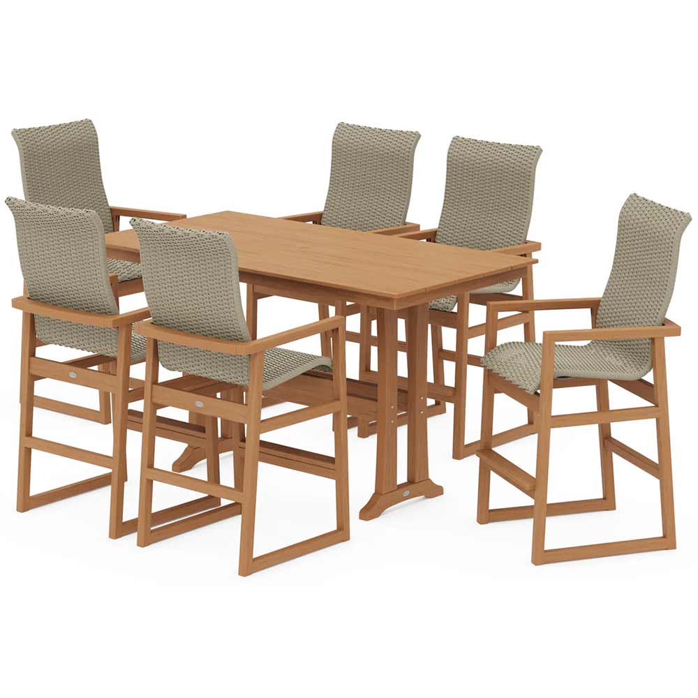 POLYWOOD® EDGE Woven Highback Arm Chair 7-Piece Farmhouse Bar Set with Trestle Legs - PWS2916-1