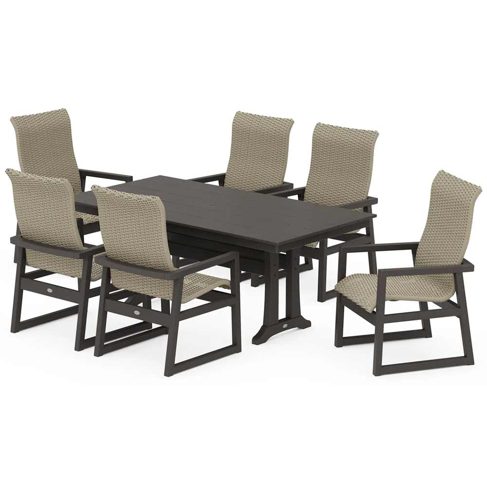 POLYWOOD® EDGE Woven Highback Arm Chair 7-Piece Farmhouse Dining Set with Trestle Legs - PWS2882-1
