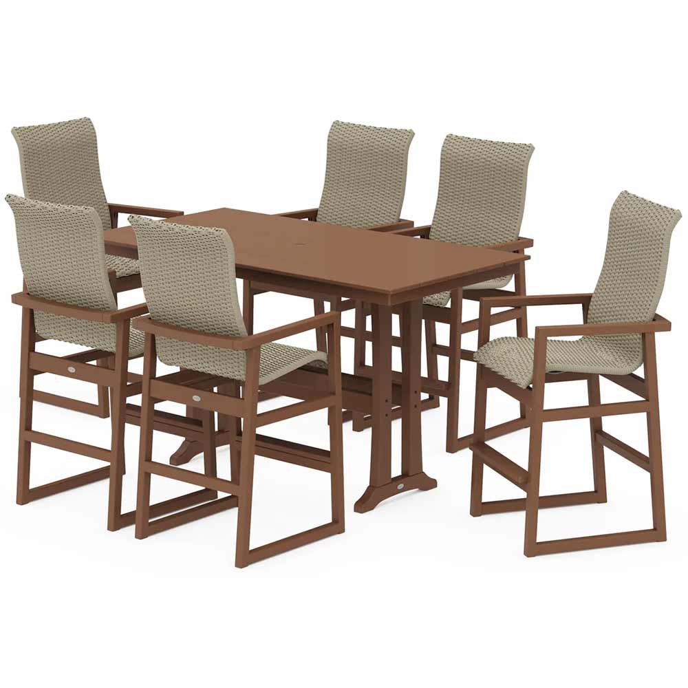 POLYWOOD® EDGE Woven Highback Arm Chair 7-Piece Farmhouse Bar Set with Trestle Legs - PWS2916-1