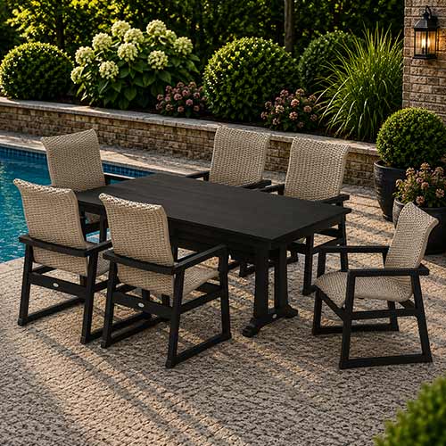 POLYWOOD® EDGE Woven Highback Arm Chair 7-Piece Farmhouse Dining Set with Trestle Legs - PWS2882-1