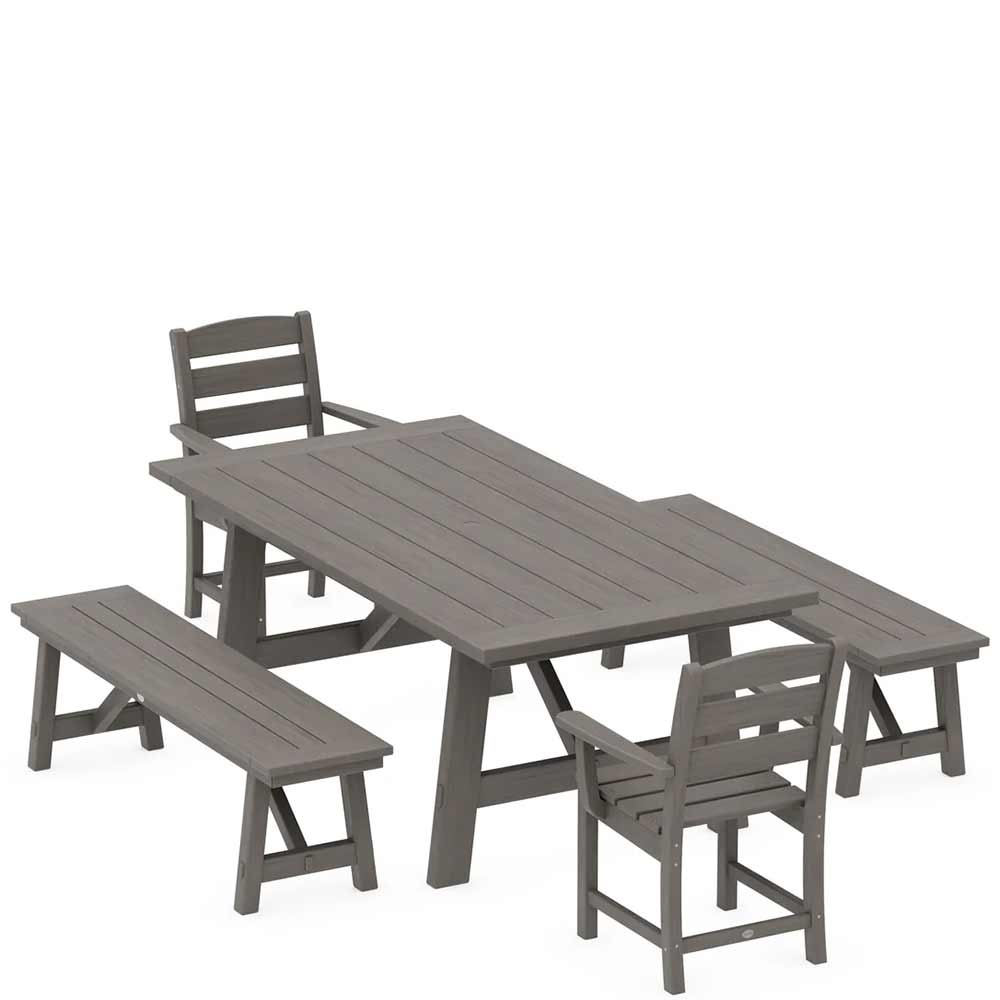 POLYWOOD® Lakeside 5-Piece Rustic Farmhouse Dining Set With Benches - PWS1085-1