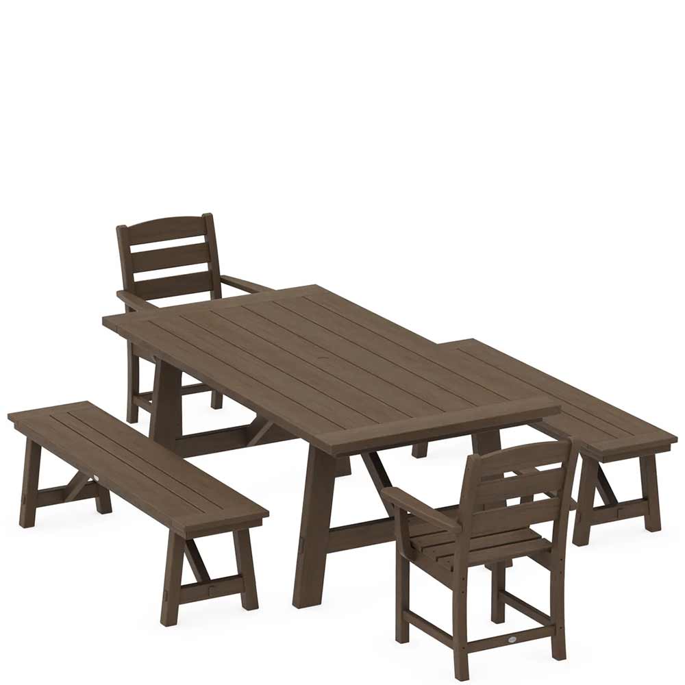 POLYWOOD® Lakeside 5-Piece Rustic Farmhouse Dining Set With Benches - PWS1085-1