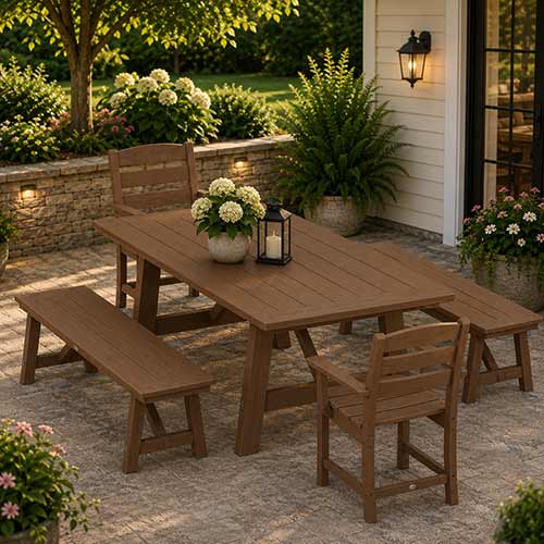 POLYWOOD® Lakeside 5-Piece Rustic Farmhouse Dining Set With Benches - PWS1085-1