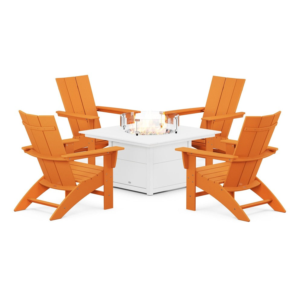 POLYWOOD® Modern Curveback Adirondack 5-Piece Conversation Set with Fire Pit Table - PWS412-1 Fire Table POLYWOOD®