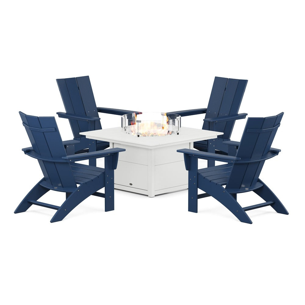 POLYWOOD® Modern Curveback Adirondack 5-Piece Conversation Set with Fire Pit Table - PWS412-1 Fire Table POLYWOOD®