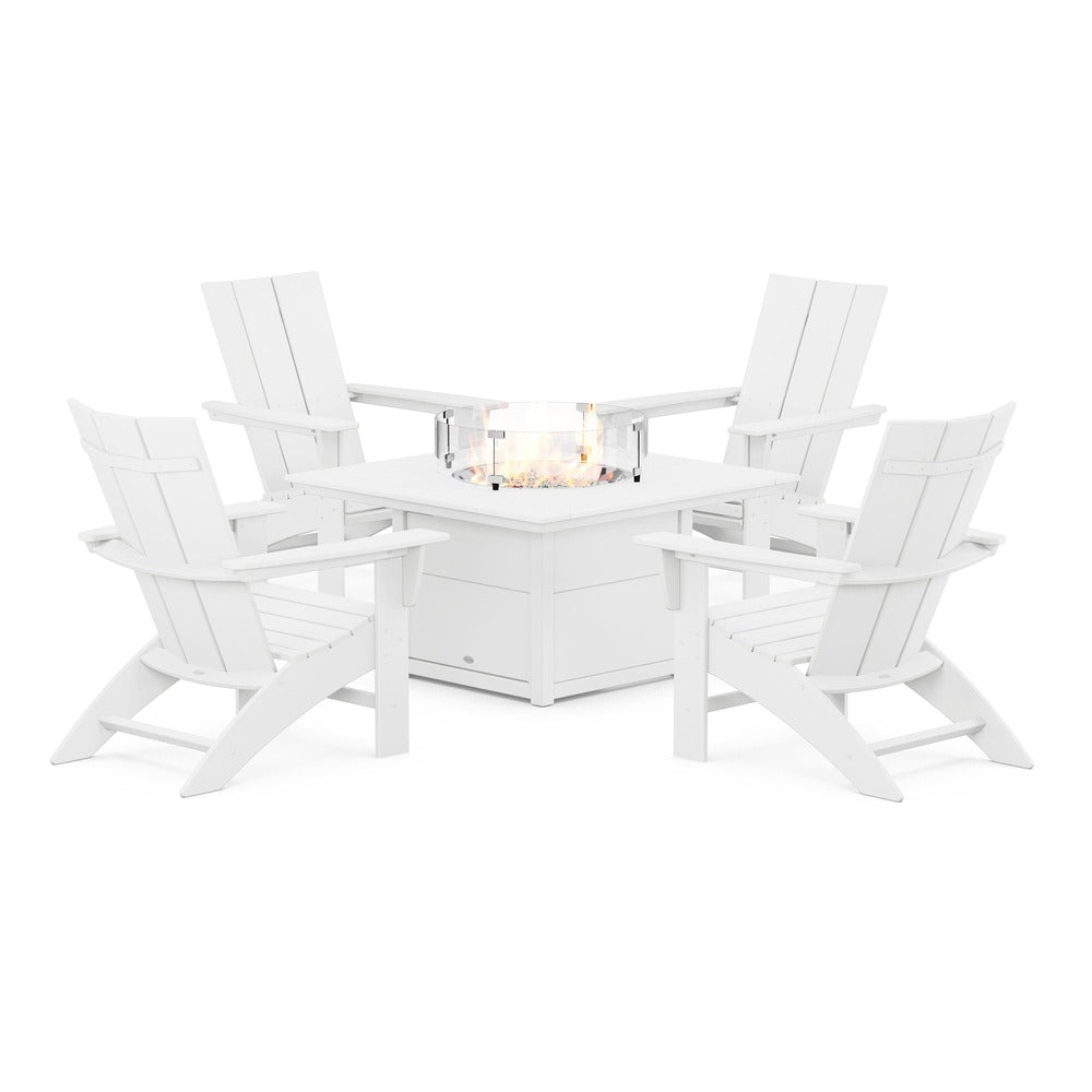 POLYWOOD® Modern Curveback Adirondack 5-Piece Conversation Set with Fire Pit Table - PWS412-1 Fire Table POLYWOOD®