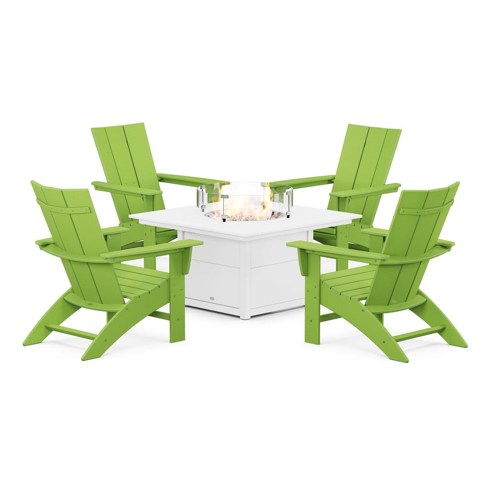 POLYWOOD® Modern Curveback Adirondack 5-Piece Conversation Set with Fire Pit Table - PWS412-1 Fire Table POLYWOOD®