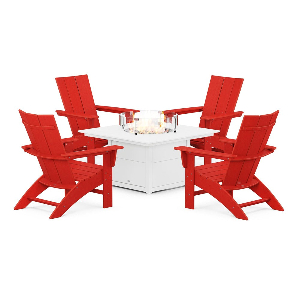 POLYWOOD® Modern Curveback Adirondack 5-Piece Conversation Set with Fire Pit Table - PWS412-1 Fire Table POLYWOOD®