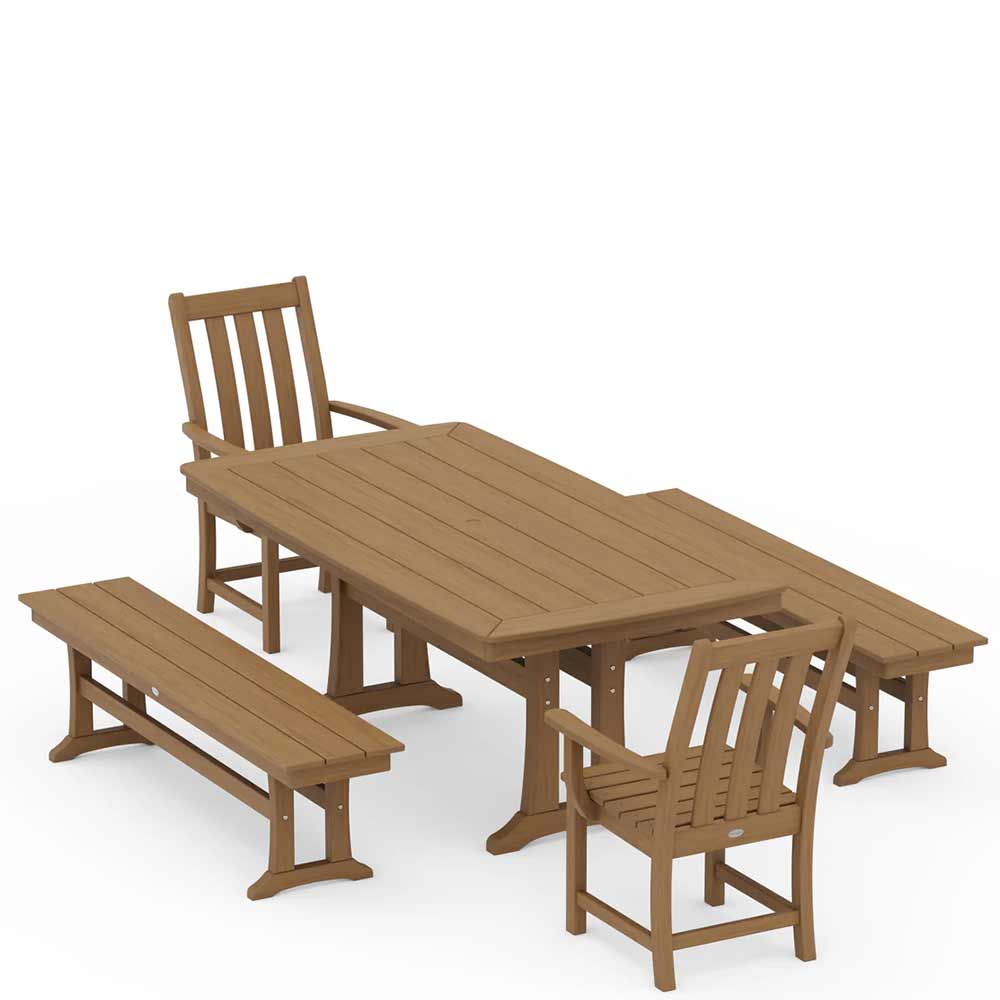 POLYWOOD® Vineyard 5-Piece Dining Set with Benches and Trestle Legs - PWS1064-1