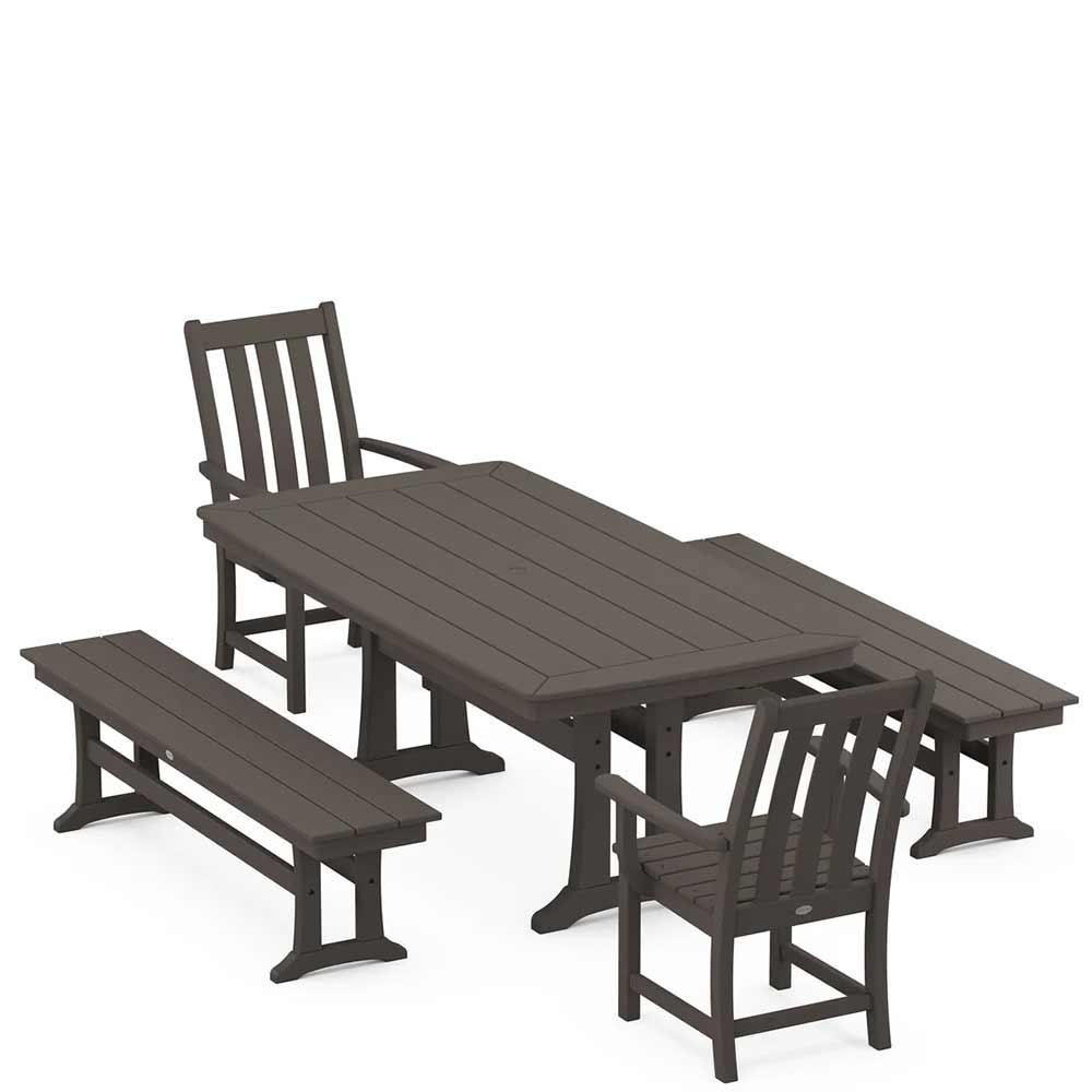POLYWOOD® Vineyard 5-Piece Dining Set with Benches and Trestle Legs - PWS1064-1