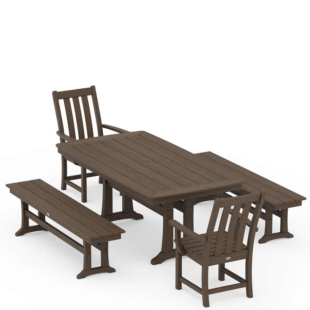 POLYWOOD® Vineyard 5-Piece Dining Set with Benches and Trestle Legs - PWS1064-1