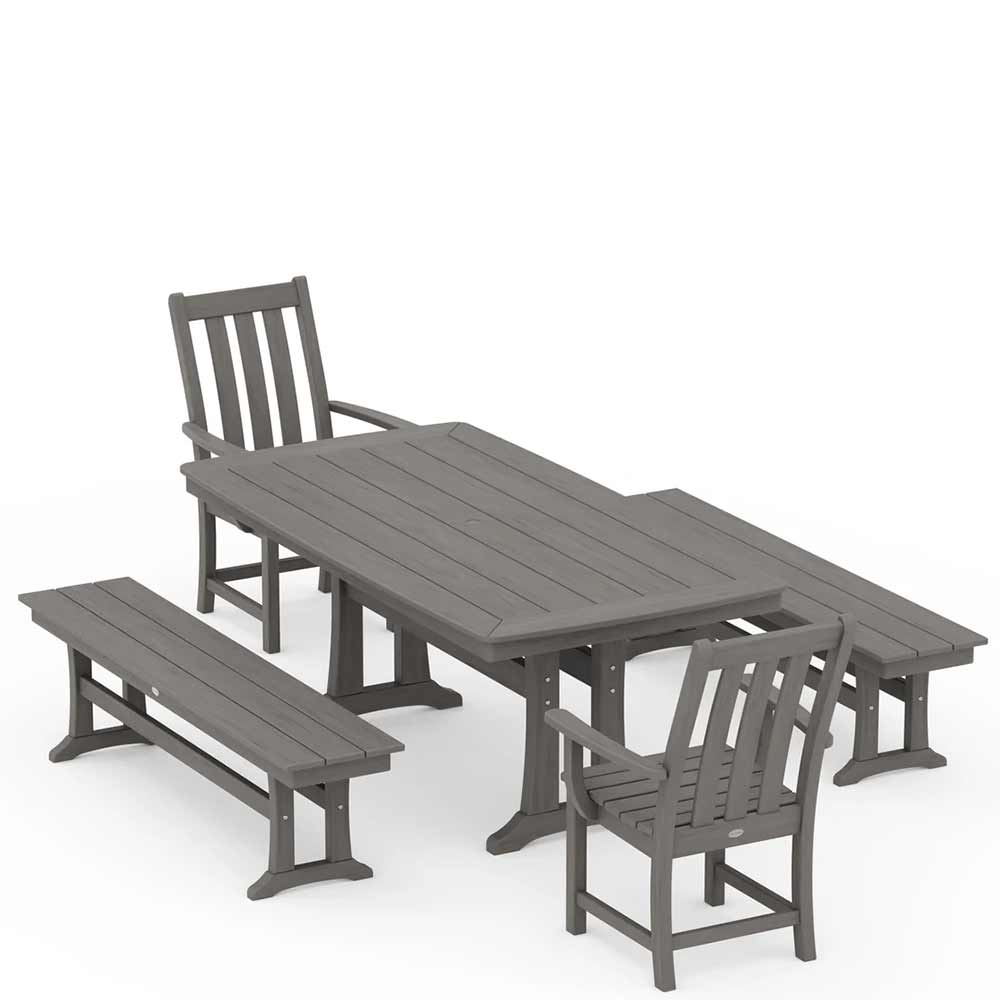 POLYWOOD® Vineyard 5-Piece Dining Set with Benches and Trestle Legs - PWS1064-1
